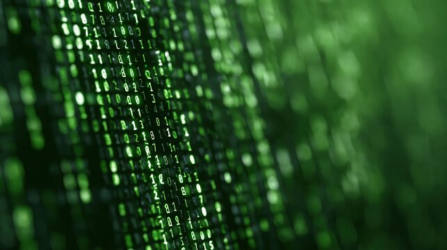 Abstract Digital Binary Code Stream Flowing in Green Glowing Matrix Pattern