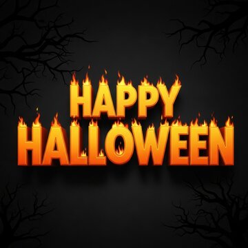 Happy halloween 3d text with fire flames effect on dark background with spooky tree silhouettes
