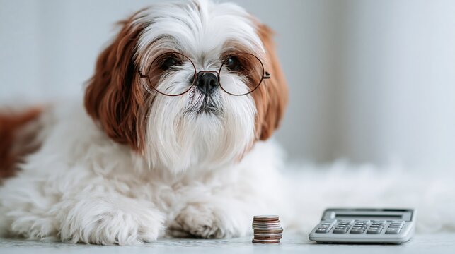 Adorable Shih Tzu Dog Wearing Glasses, Pondering Finances with Coins and Calculator