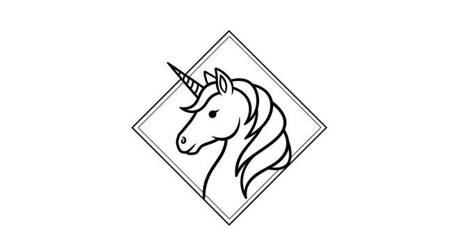 Unicorn head logo emblem, artistic sketch on white background