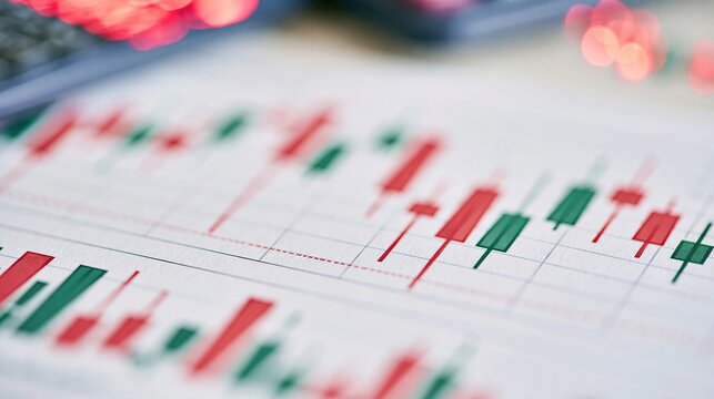Close-up of a financial stock market candlestick chart showing trading data with blurred background of a computer keyboard and red lights.