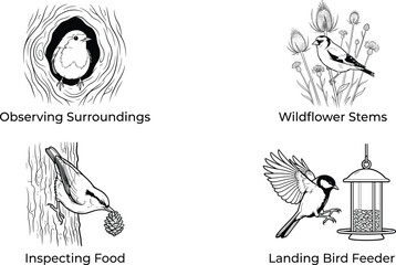 Fototapeta premium Black and white line art collection of wild garden birds interacting with natural
