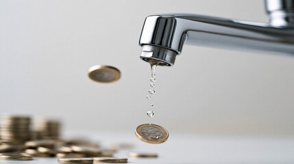 Naklejka na ściany i meble Water dripping from a shiny chrome faucet with coins falling, symbolizing financial loss or expensive water bills.