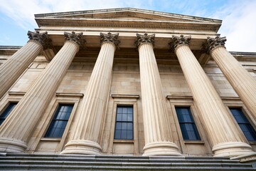 Obraz premium Grand Classical Architecture with Ionic Columns and Tall Windows Under a Clear Sky