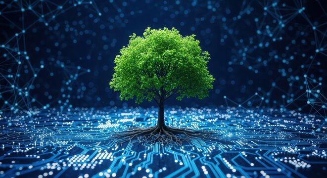 Digital tree growing from a circuit board representing technology and nature integration