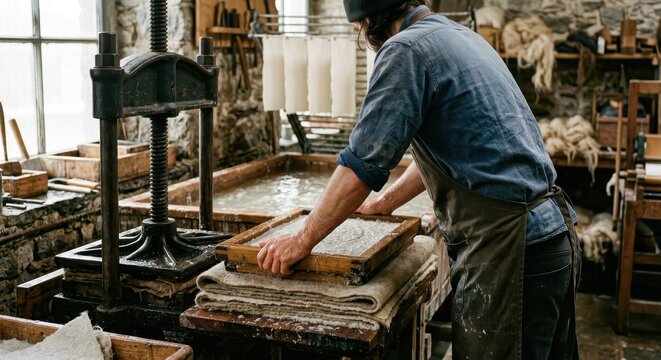 Craftsman making paper using traditional techniques in a historic workshop