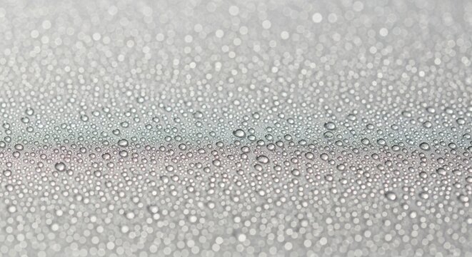 Closeup of water droplets on a smooth, metallic grey surface with soft bokeh effect