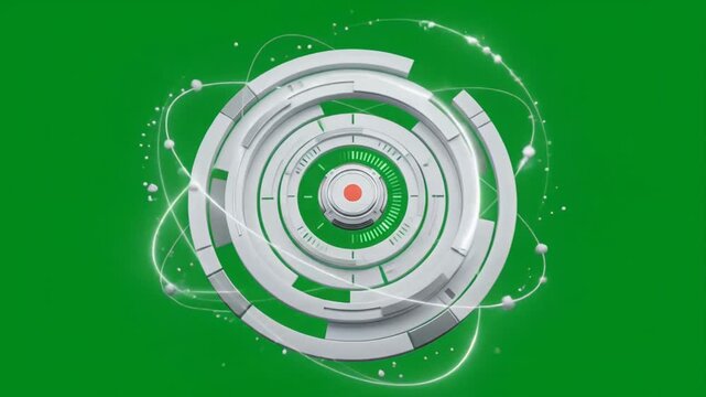 Abstract circular HUD element rotating with glowing core against green screen background