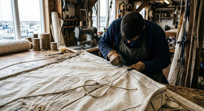 Sailmaker working on a canvas sail in a workshop