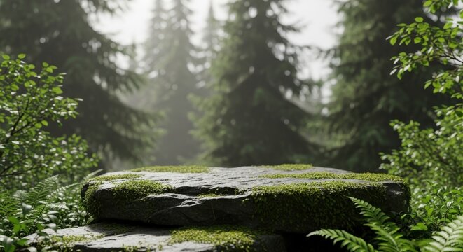 Natural stone pedestal covered in moss in a misty forest setting