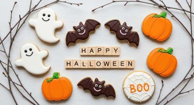 Halloween cookies shaped as ghosts, bats, and pumpkins with happy halloween text