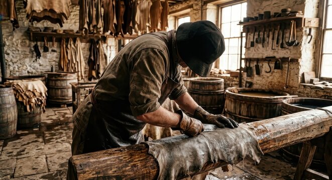 Leather craftsman working in a traditional workshop with hides and tools