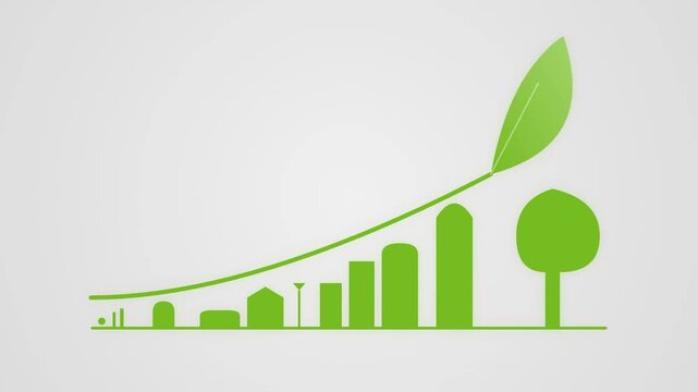 Animated flat design of rising green growth line graph with sustainability icons on white background