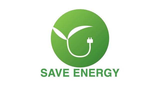 Animation of save energy icon with green leaf and electric plug on white background