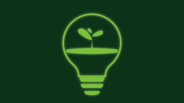Flat vector illustration of a green light bulb with a plant sprout growing inside on a dark background