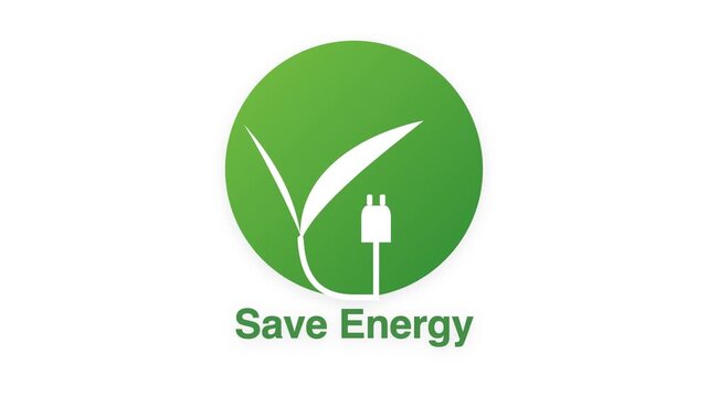 Motion graphic animation of a green leaf and electric plug icon with save energy text on white background
