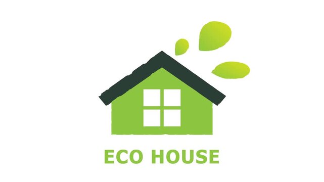Flat vector illustration animation of a green eco house logo with leaf on white background