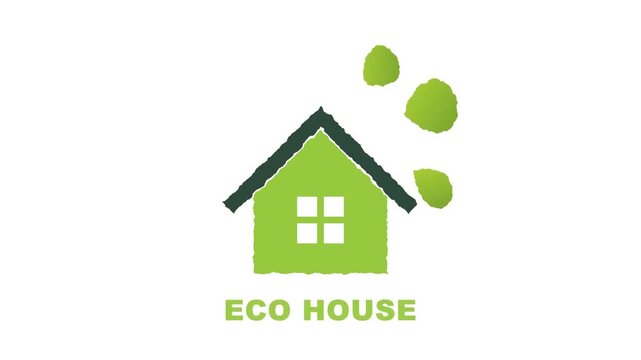 Flat vector illustration of a green eco house appearing with leaf icons on white background