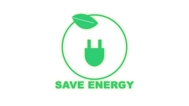 Flat vector illustration of green electrical plug and leaf forming save energy icon animation on white background