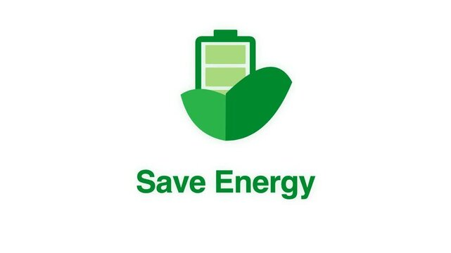 Animation of green battery icon charging inside leaf with save energy text on white background