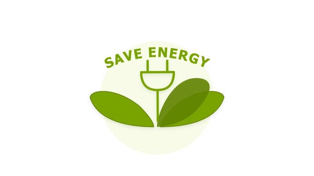 Flat vector animation of a green power plug with leaves representing save energy concept on white background