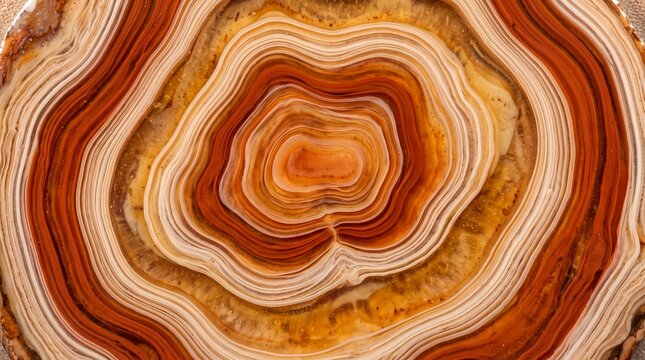 close-up photograph of an epoxy resin craft piece featuring intricate concentric rings and flowing patterns that replicate the natural texture of a sliced agate geode in shades of brown, orange