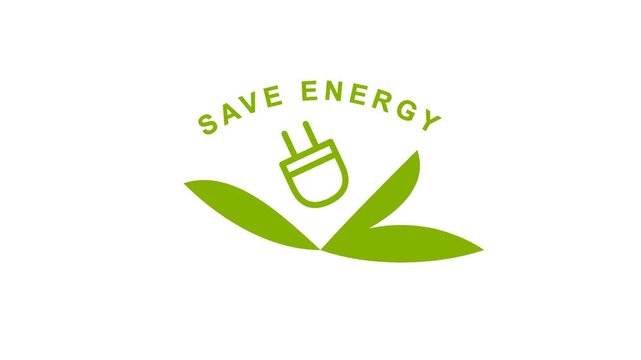 Flat vector animation of green electric plug icon with leaves and save energy text on white background