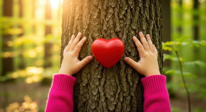 Child hands hugging a tree trunk with a red heart symbol representing love for nature