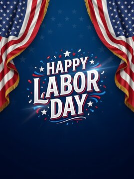Bright Happy Labor Day vertical banner with American flag accents, glowing light bursts, and dynamic typography on blue background.