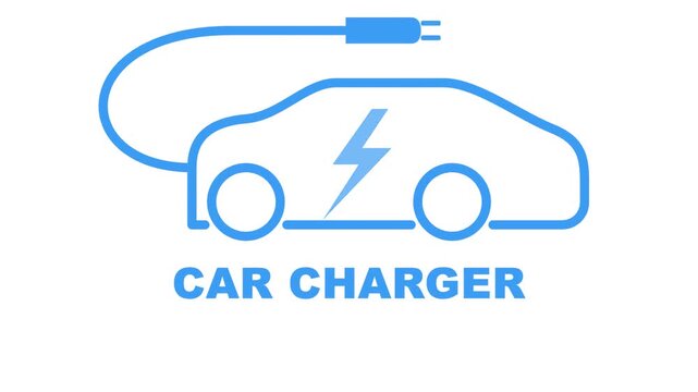 Flat design vector animation of an electric car icon charging with plug and lightning bolt symbol