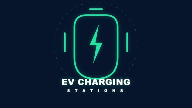 Motion graphic of glowing neon electric vehicle battery icon with lightning bolt for charging station on dark background