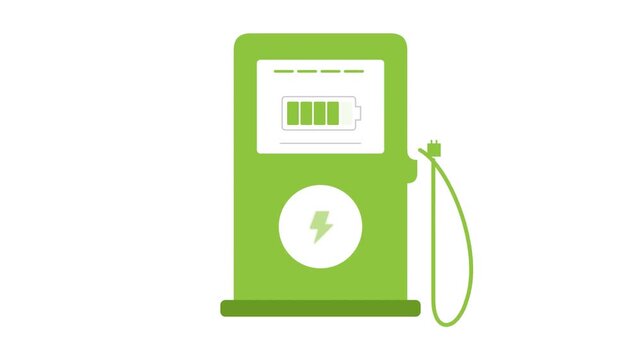 Flat vector illustration of a green electric vehicle charging station with battery filling animation on white background