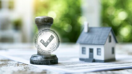 Naklejka premium Approved Real Estate Transaction with House Model and Stamp Showing Verified Checkmark