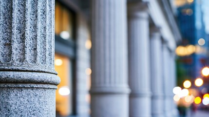 Obraz premium Classic Stone Pillars of a Grand Building Exterior with City Lights in Bokeh