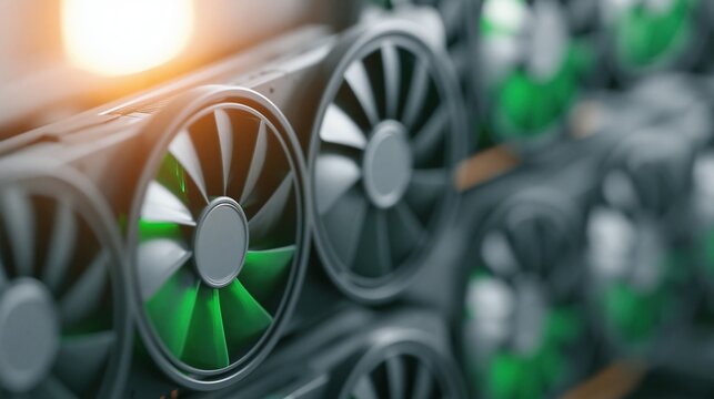 Close-up view of a cryptocurrency mining rig with multiple GPUs and glowing green fans