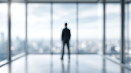 Fototapeta premium Silhouette of a businessman in a suit standing in a modern office with a panoramic view of the city