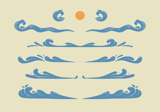 Blue sea wave illustration for design line divider border hand drawn collection set