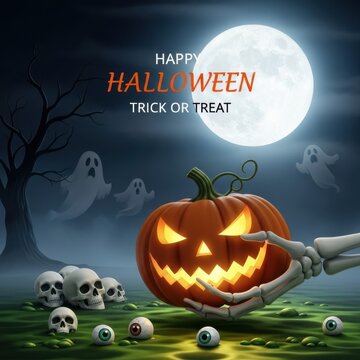Spooky halloween background with glowing jackolantern, skulls, and ghosts under a full moon