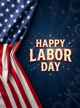Modern Happy Labor Day vertical greeting card design featuring folded US flag on the side with glowing sparkles and text on dark blue background.