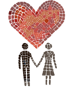 loving couple under a big heart. Decorative illustration in mosaic style made of colorful abstract pieces isolated on white