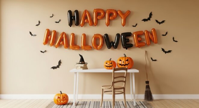 Halloween room decoration with happy halloween letter balloons, pumpkins, and witch hat
