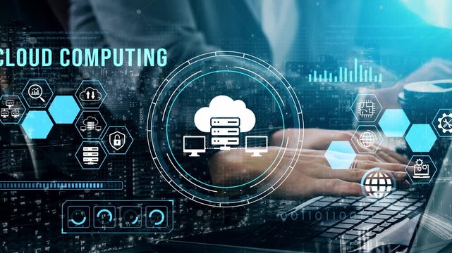Modern Digital Illustration of Cloud Computing with Data Visualization, Server Icons, and User Interaction on Laptop in Futuristic Environment. Entropy.