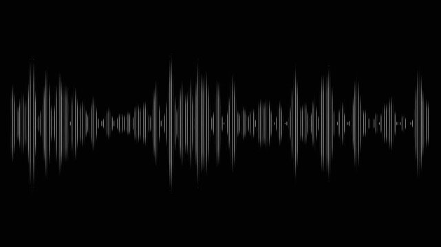 Abstract white sound wave patterns on black background, digital audio visualization, music equalizer, voice recording