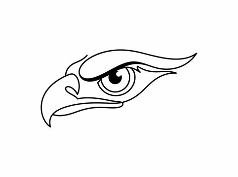 A stylized, graphic illustration of a fierce eagle's head with a sharp beak and intense eye, rendered in a minimalist black and white line art style against a clean white background.