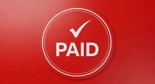 Paid stamp icon with checkmark on red background