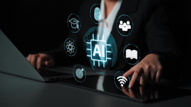 Business Professional Engaging with Artificial Intelligence Technology and Digital Learning Icons in a Corporate Environment. Entropy.