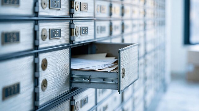 rows of numbered safe deposit boxes with one drawer slightly open revealing documents and papers