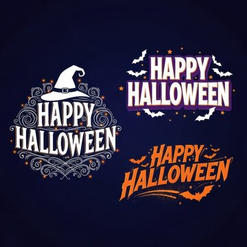 Set of three happy halloween typography designs with witch hat and bats on dark background