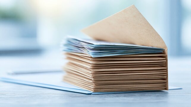 Stack of Paper Documents and Envelopes on a Desk with Soft Background Lighting