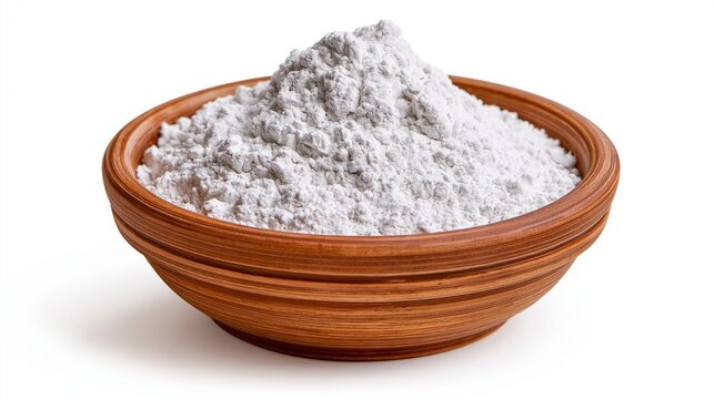 Fine White Powder in Wooden Bowl Isolated on White Background, Representing Baking Ingredient or Ingredient for Crafts
